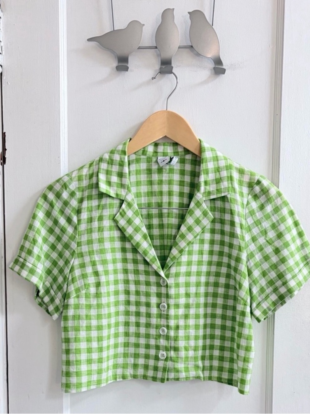Simons Green Gingham Cropped Linen-Blend Button-Up Blouse
